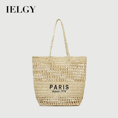 Ielgy Letter Embroidery One-Shoulder Straw Bag All-Match Large-Capacity Woven Vacation Beach Female Bag