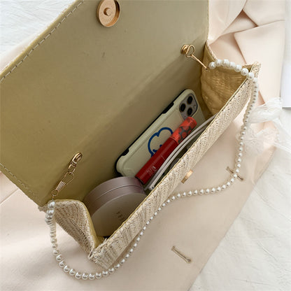IELGY straw woven bag female fashion small daisy one shoulder messenger pearl chain bag