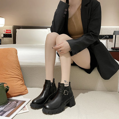 IELGY black round toe high-heeled Martin boots thick heel waterproof platform female trend
