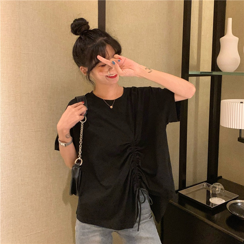 IELGY plus size women's summer drawstring irregular design sense loose short-sleeved t-shirt