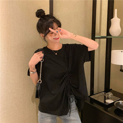 IELGY plus size women's summer drawstring irregular design sense loose short-sleeved t-shirt