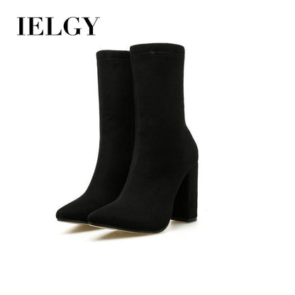 IELGY Black high heel women boots block booties pointy club sexy thick heels large size