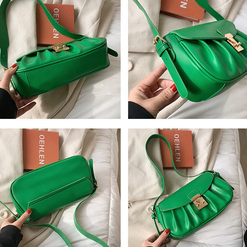IELGY one shoulder handbag underarm bag green European and American retro Fashion lock buckle large capacity metal decoration adjustable shoulder strap