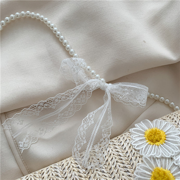 IELGY straw woven bag female fashion small daisy one shoulder messenger pearl chain bag