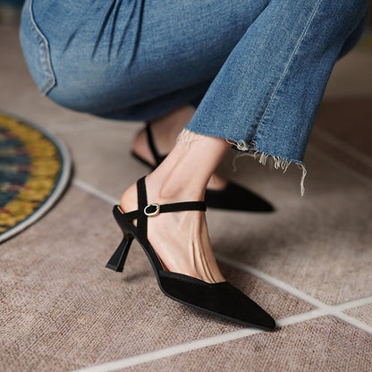 IELGY French mid-high heel toe cap sandals female buckle strap temperament stiletto pointed toe