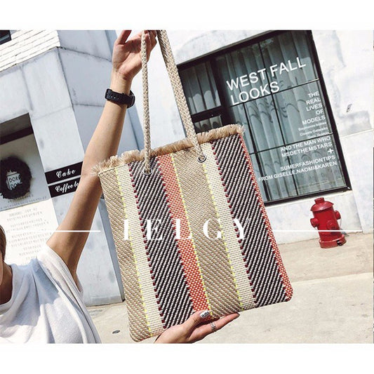 IELGY New Weave Stripe Tote Bag Korea chic bag straw bag
