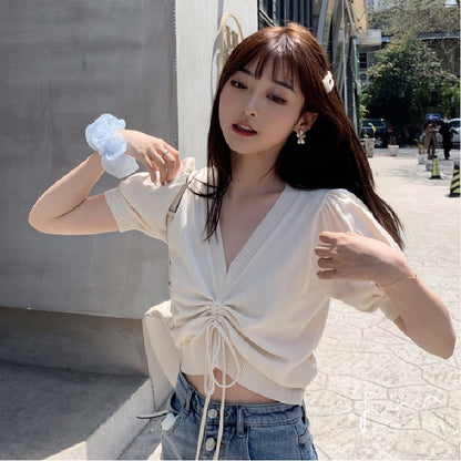 IELGY Drawstring short sleeve knitted loose puff sleeve Crop top