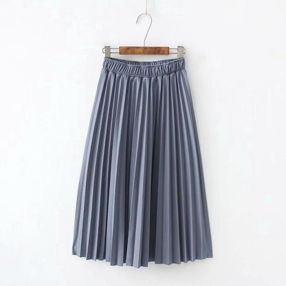 IELGY Temperament pleated skirt mid-length skirt elastic waist solid color wild skirt