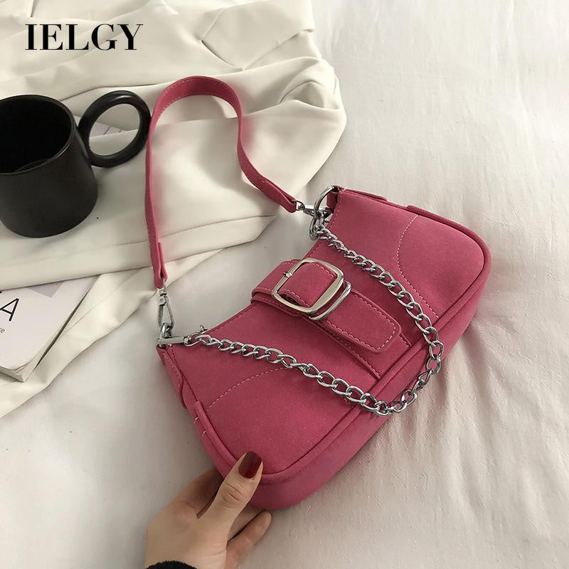 IELGY niche fashion solid color chain shoulder bag belt buckle decoration