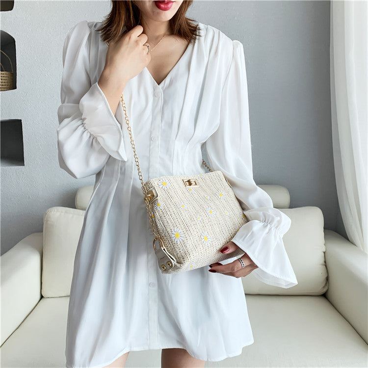IELGY straw woven bag women's bag all-match chain woven one-shoulder messenger bag