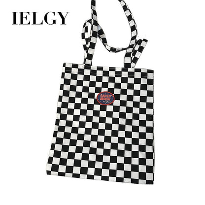 IELGY canvas bag handbag retro ins the same paragraph checkerboard shoulder bag