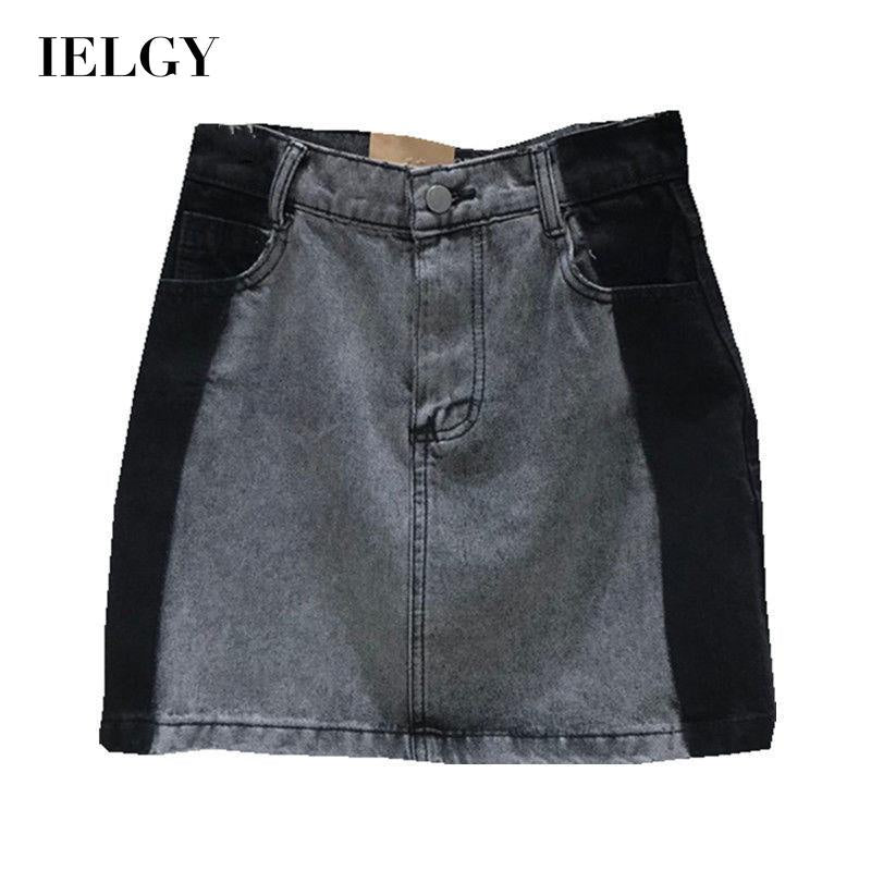 IELGY high-waist slim denim skirt versatile color contrast design