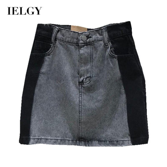 IELGY high-waist slim denim skirt versatile color contrast design