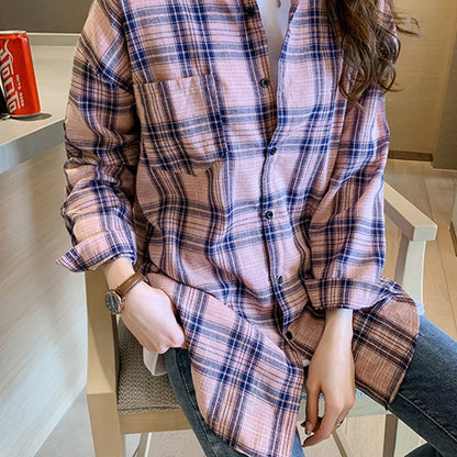 IELGY spring Korean style temperament long-sleeved plaid shirt women loose design blouse casual shirt
