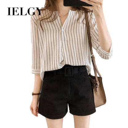 IELGY Leaked clavicle striped cropped sleeve top Han Fan student ins super fire shirt autumn