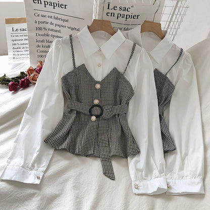 IELGY Lapel Commuter Women's shirt Check Slim fit Autumn Contrast color Fake two-piece Fashion