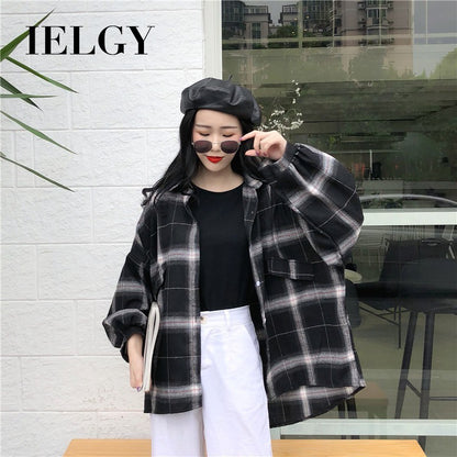 IELGY Korean Plaid Shirt Student Jacket Loose Lapel Long Sleeve Top