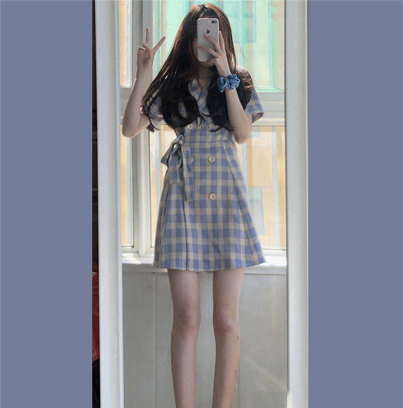 IELGY suit collar dress spring and summer Korean version of the waist slimming plaid skirt women