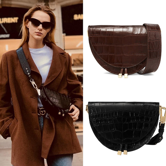 IELGY Korean crocodile pattern wide shoulder strap Messenger bag semicircle