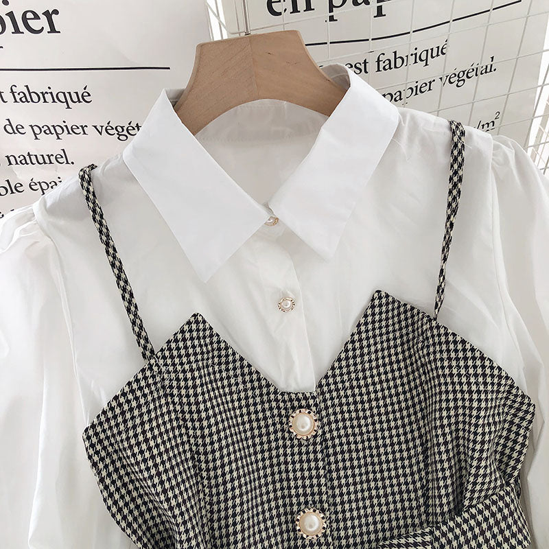 IELGY Lapel Commuter Women's shirt Check Slim fit Autumn Contrast color Fake two-piece Fashion