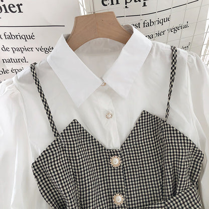 IELGY Lapel Commuter Women's shirt Check Slim fit Autumn Contrast color Fake two-piece Fashion