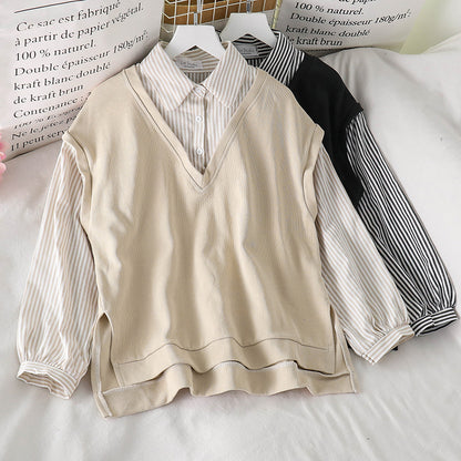 IELGY Women's clothes cream versatile fake two stitching long sleeves loose stripes sweater fashionable