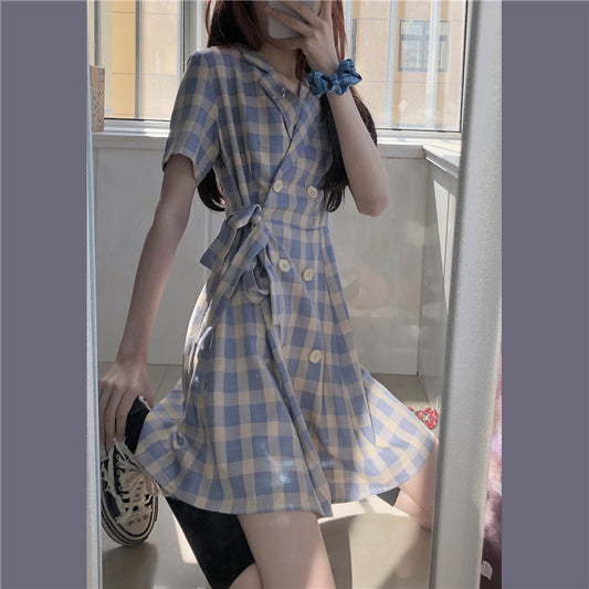 IELGY suit collar dress spring and summer Korean version of the waist slimming plaid skirt women