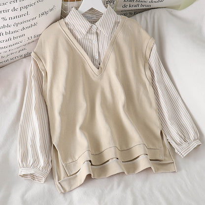 IELGY Women's clothes cream versatile fake two stitching long sleeves loose stripes sweater fashionable