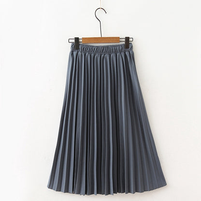 IELGY Temperament pleated skirt mid-length skirt elastic waist solid color wild skirt