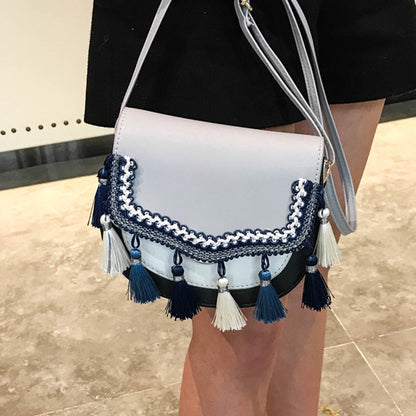 IELGY Fashion tassel small bag Korean ethnic style hit color shoulder bag diagonal small square bag