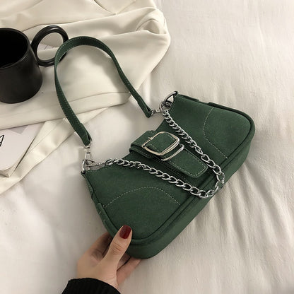 IELGY fashion solid color chain shoulder bag with belt buckle decoration