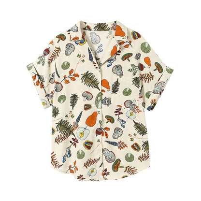 IELGY summer retro picnic print shirt blouse design loose temperament short-sleeved shirt