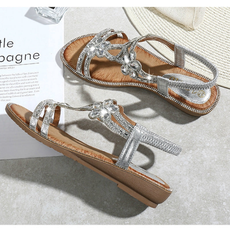 IELGY [Size36-42] flat sandals rhinestone flowers  wedge large size women's shoes