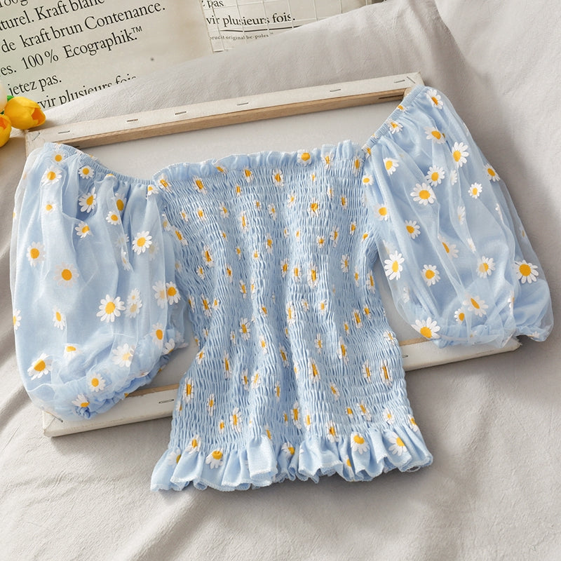 IELGY Little said chrysanthemum short sleeve women's puff sleeve shirt