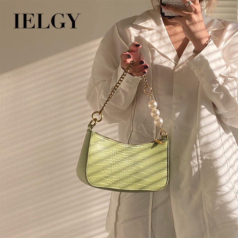 IELGY French retro crocodile-print pearl chain under the armpit bag female texture hundred with a one-shoulder sloping bag