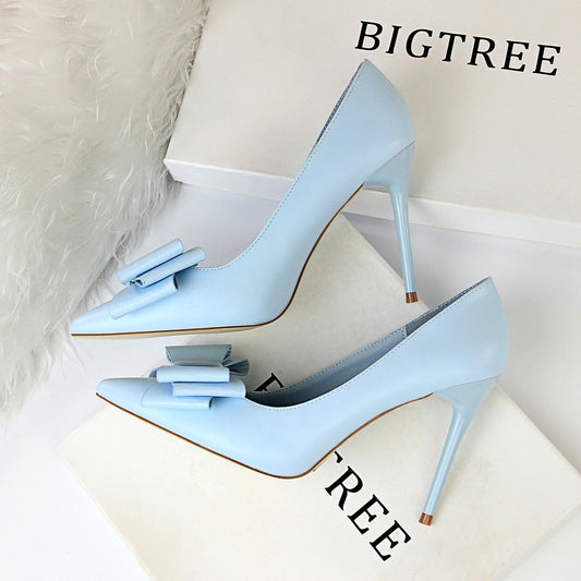 IELGY Sweet high-heeled heels with thin and shallow mouth pointed bow women's shoes