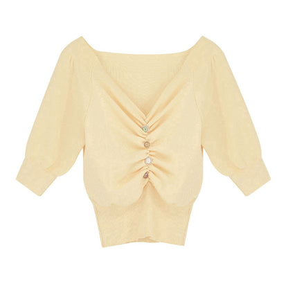 IELGY Retro V-neck knitted waist puff sleeve short top
