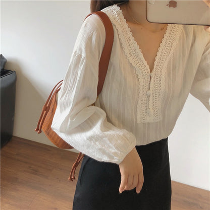 IELGY Ladies Long Sleeve V-neck Stitching Chiffon White Shirt Loose and Thin