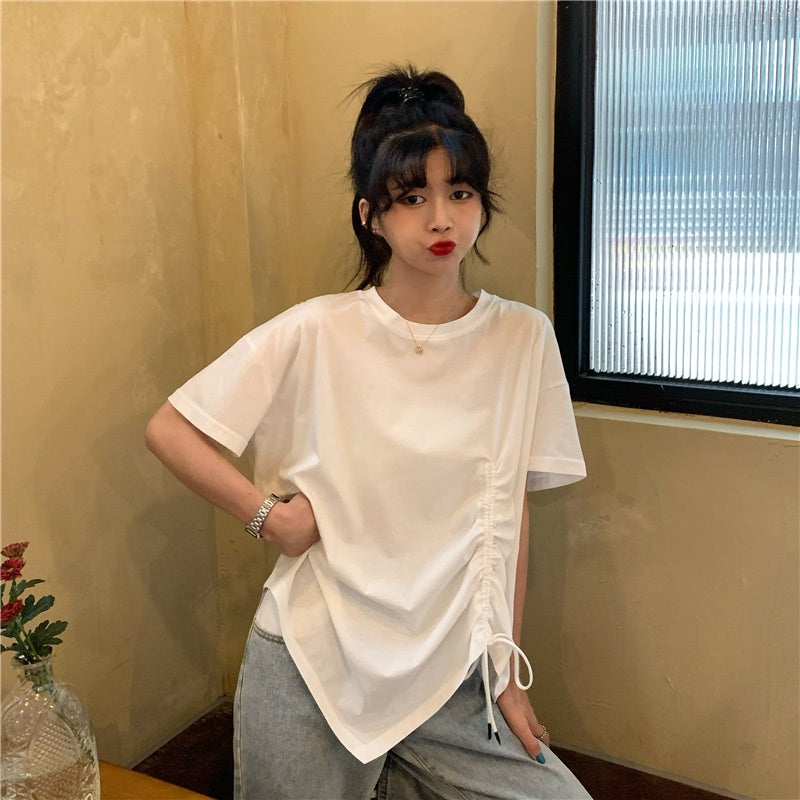 IELGY plus size women's summer drawstring irregular design sense loose short-sleeved t-shirt