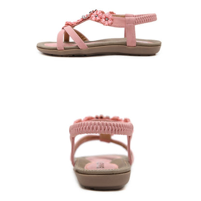 IELGY [Size35-42] Plus size beach shoes sweet bohemian flowers rhinestone casual flat sandals women