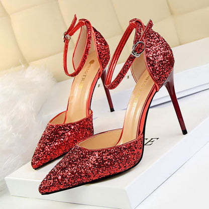 IELGY Stiletto heels shallow mouth pointed toe hollow sequins sexy nightclub was thin lady sandals