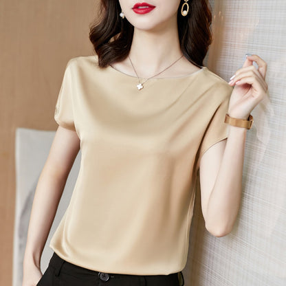 IELGY round neck short-sleeved t-shirt solid color mulberry silk top bottoming shirt