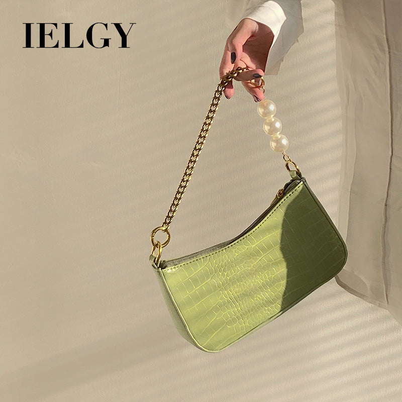 IELGY French retro crocodile-print pearl chain under the armpit bag female texture hundred with a one-shoulder sloping bag