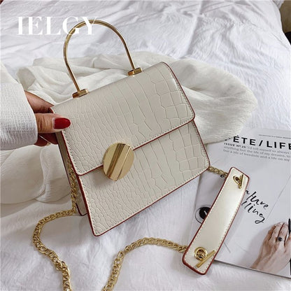 IELGYShoulder Bad hand chain single shoulder slung small fresh crocodile pattern bag Korean metal handbag Solid color