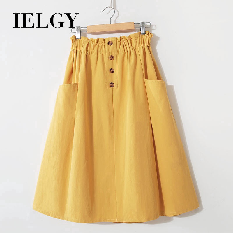 IELGY Solid color high waist literary style A-line skirt