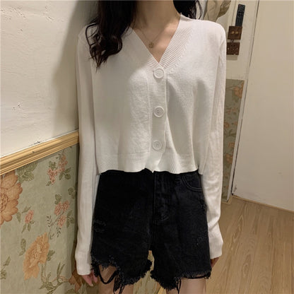 IELGY Women's clothes Jacket Simple Short Thin Knitted sweater Top Black V-neck Long-sleeved