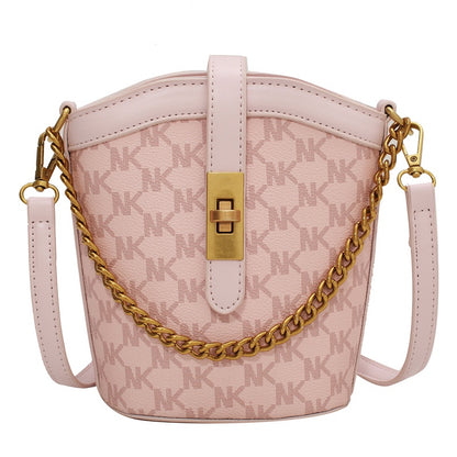 IELGY small pink retro niche design letter texture bucket messenger bag