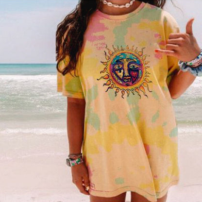 IELGY summer new women's casual short-sleeved sun print fashion loose slim slimming pullover T-shirt