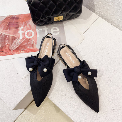 IELGY Baotou sandals female pointed thick heel with bowknot pearl fairy style