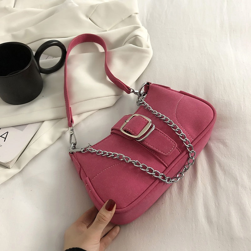 IELGY fashion solid color chain shoulder bag with belt buckle decoration